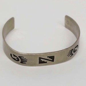 Sterling Silver 925 Cuff Bracelet with Tribal Motifs, Handmade, Adjustable